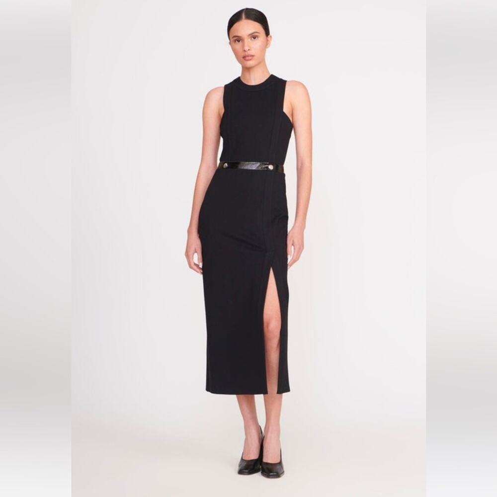 STAUD Sharmila Black Ponte Knit Midi Dress  Sz 6  Chic Minimalist Slit Dress